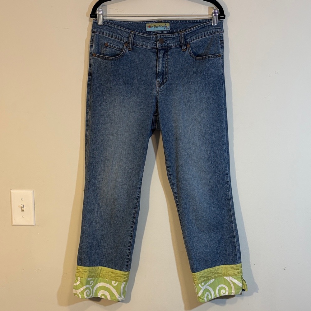 Y2K Era Lime Green Fabric Trim Cuff Hem Capri Girly Jeans, Lizzie McGuire Vibes